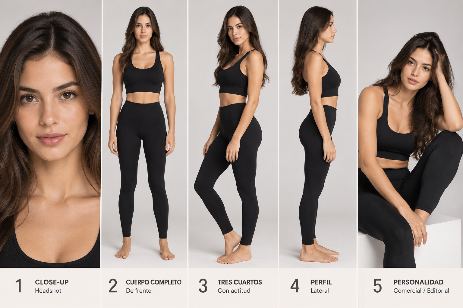 The five comp card photographs: close-up, full-length, three-quarter, profile and personality, shot in a single session.